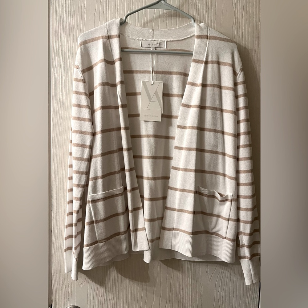🛍️NWT Verme Ami Large Women's Tan/White Striped Cardigan Sweater